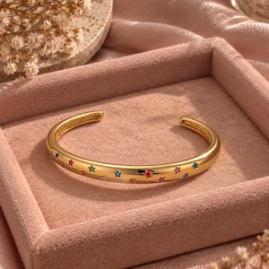 18K Gold Plated Star Bangle, Multicolour CZ Celestial Cuff Bracelet, Rainbow Star Jewellery, Gold Bracelet Gift for Her