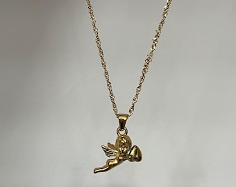 Collar de ángel dorado, collar con colgante de Cupido, collar chapado en oro de 18k, resistente al agua y al deslustre, delicado regalo de joyería dorada para ella.