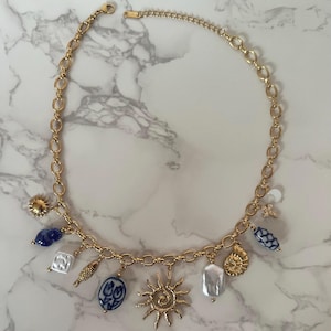 Santorini Charm Necklace, Mediterranean Coastal Jewellery, 18K Gold Plated Pearl Charm Necklace, European Summer Necklace Gift image 1