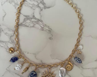 Santorini Charm Necklace, Mediterranean Coastal Jewellery, 18K Gold Plated Pearl Charm Necklace, European Summer Necklace Gift