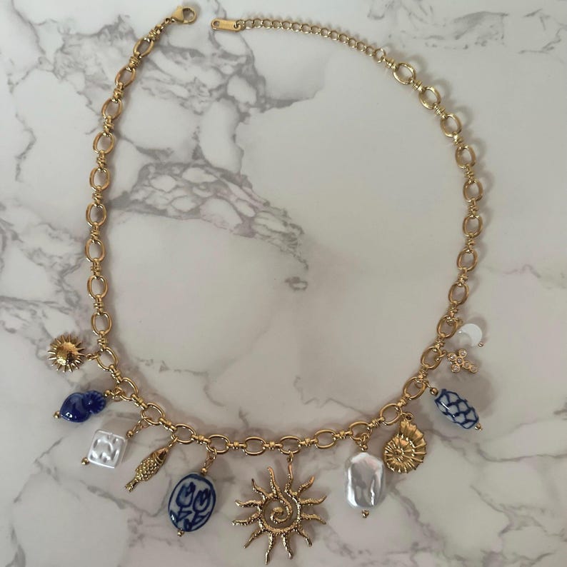 Santorini Charm Necklace, Mediterranean Coastal Jewellery, 18K Gold Plated Pearl Charm Necklace, European Summer Necklace Gift image 1