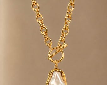 18k Gold Plated Mother of Pearl T Bar Necklace | Chunky Gold Chain Necklace | Waterproof Non Tarnish Jewellery Gift for Her