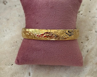 Gold Floral Cuff Bracelet, 18K Gold Plated Stainless Steel Bangle, Boho Gold Bracelet, Adjustable Open Cuff, Floral Jewellery Gift for Her