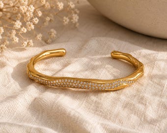 Gold CZ Cuff Bangle Bracelet | 18K Gold Plated Stainless Steel Bracelet | Waterproof Non Tarnish Open Bangle | Minimalist Statement Jeweller