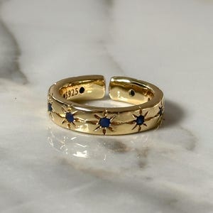 Blue Starburst Ring Adjustable 925 Sterling Silver, Gold Open Ring, Celestial Sun Ring, Dainty Stacking Ring, Minimalist Gift for Her