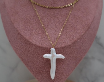 Freshwater Pearl Cross Necklace | 18K Gold Plated Stainless Steel | Waterproof Cross Pendant | Christian Gift for Women | Tarnish Resistant