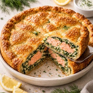 Può includere: Una torta di salmone dorata con una crosta friabile ricoperta di semi di sesamo. La torta è tagliata per rivelare strati di salmone rosa e ripieno di spinaci verdi. Guarnita con spicchi di limone e rametti di aneto.