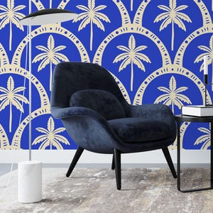 Tropical Palm Tree Wall Mural - Blue and Cream Seamless Palm Pattern for Coastal or Island Decor
