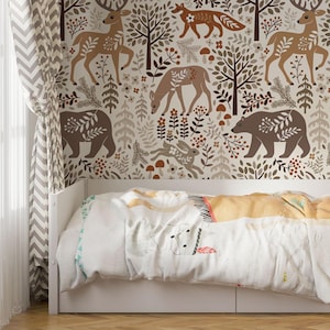 Woodland Animal Wallpaper – Forest Deer Bear Fox Mural, Rustic Nature Kids Room Decor