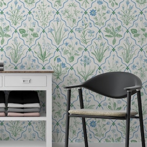 Blue Green Botanical Wallpaper – Hand-Drawn Wildflower Wall Mural with Floral Lattice Pattern