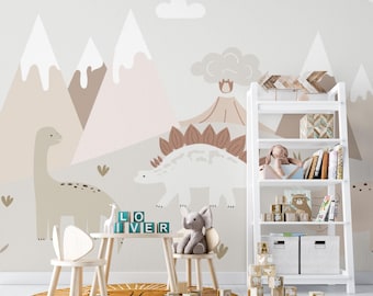 Papel pintado de dinosaurios para guardería: Mural infantil prehistórico neutro