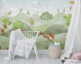 Woodland Forest Animal Mural – Green Nursery Wallpaper for Kids Room