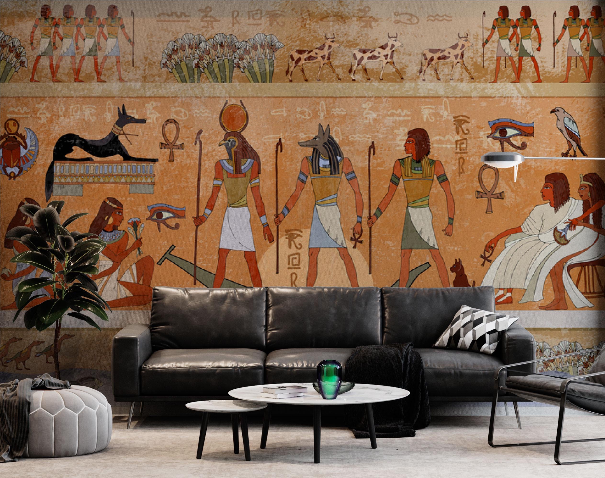 Egyptian Mural Wallpaper – Ancient Hieroglyph Wall Art for Accent Walls ...