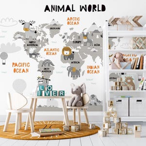 Papier peint carte du monde animal – Papier peint pour enfants illustré avec de jolis animaux et continents