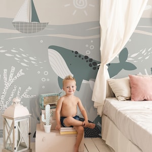 Ocean Whale Wallpaper – Underwater Kids Mural with Sea Life in Soft Pastel Tones