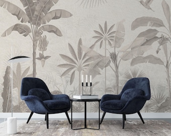 Mural de papel tapiz tropical vintage: decoración neutra con hojas de palmera
