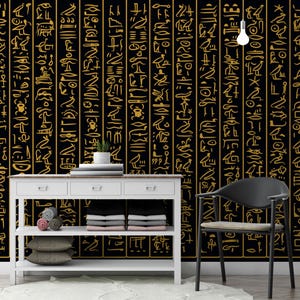 Egyptian Hieroglyphics Wallpaper – Gold on Black Ancient Text Wall Mural