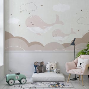 Whale Nursery Wallpaper – Neutral Baby Wall Mural with Cute Clouds and Stars
