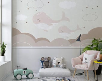 Whale Nursery Wallpaper: Neutral Clouds and Stars Wall Mural