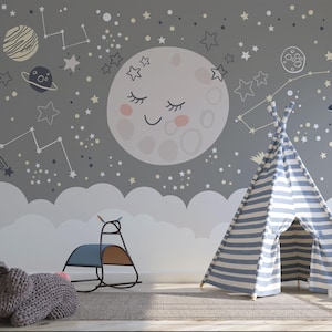 Cute Space Moon Wallpaper Mural – Kids Galaxy Wall Mural with Planets & Stars – Neutral Space Theme Wall Decor