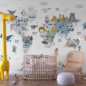 Weltkarte Kinder Tapete – Tier Wandbild für Kinderzimmer oder Spielzimmer – Geographie Dekor