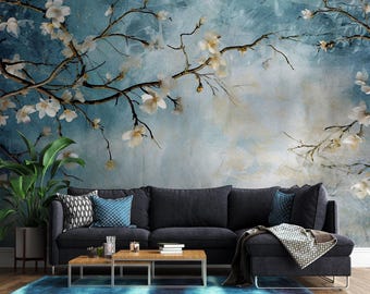 Magnolia Blossom Wallpaper – Blue Floral Wall Mural, Elegant Botanical Watercolor Design