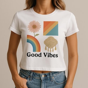 Retro Flower, Rainbow Patterned &quot;Good Vibes&quot; T-Shirt &quot;PNG&quot;