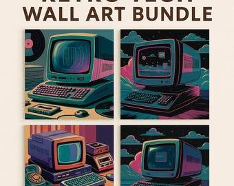 May include: A set of four digital art prints featuring retro computers with colorful screens. The prints are in a dark color scheme with a pixelated style.