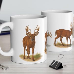 Whitetail Deer Fishing Mug Full Wrap  Buck Walking Drinking Catching Fish  Hunting Cabin Coffee Cup Gift for Outdoorsmen Rustic Gift