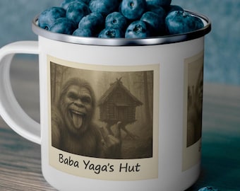 Bigfoot Vacation Enamel Camping Mug: Cryptid Outdoor Adventure Cup