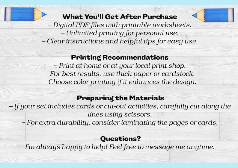 Puede incluir: Un archivo PDF digital con hojas de trabajo imprimibles. La imagen incluye texto sobre lo que obtienes despu&eacute;s de la compra, recomendaciones de impresi&oacute;n, preparaci&oacute;n de materiales y una secci&oacute;n de preguntas. El texto est&aacute; sobre un fondo de madera blanca con gr&aacute;ficos de l&aacute;pices azules.