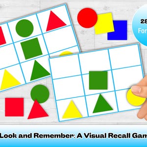 May include: Two game boards with colorful geometric shapes, including red squares, green circles, and yellow triangles. A hand places a yellow circle on a board. Text reads "Look and Remember: A Visual Recall Game."