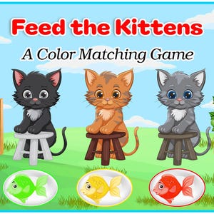 Puede incluir: Un juego de emparejamiento de colores para ni&ntilde;os titulado "Feed the Kittens". Tres gatitos de dibujos animados, negro, naranja y gris, est&aacute;n sentados en taburetes. Debajo hay peces de colores a juego: verde, amarillo y rojo. El fondo presenta un cielo azul y una valla de madera.
