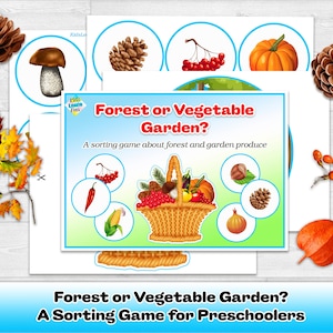 May include: A colorful educational game titled "Forest or Vegetable Garden?" for preschoolers. The game features illustrations of forest and garden produce, including a basket filled with fruits and vegetables, and a variety of leaves and pinecones.