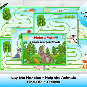 May include: A set of colorful game cards for kids, featuring a maze design with cartoon animals and trees. The cards include the text "Make a Path" and "Lay the Marbles - Help the Animals Find Their Treats!" Crayons and pens are scattered around the cards.