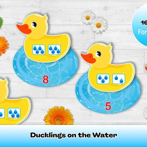 May include: A digital educational resource featuring yellow cartoon ducklings with orange beaks and blue water droplet graphics. The ducks float on blue water, with numbers 5 and 8. The text reads "Ducklings on the Water" and "16 Pages Format: PDF".