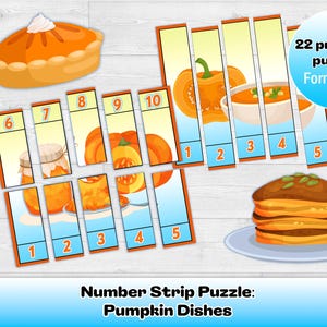 May include: An illustration of a pumpkin pie, pancakes, and number strip puzzles with pumpkin dishes. The puzzles are numbered and show images of pumpkin-based foods. Text reads "22 printable puzzles Format: PDF". The image also includes pens in a clear holder.