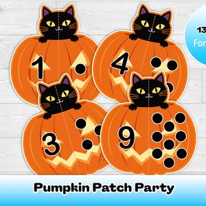 May include: Four orange pumpkin cutouts with black cat faces and numbers 1, 3, 4, and 9. Each pumpkin has a different number of black dots. The text "Pumpkin Patch Party" is at the bottom, with "13 Pages Format: PDF" in a blue circle.