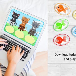 Puede incluir: Una computadora port&aacute;til muestra una caricatura colorida con tres gatos y tres c&iacute;rculos amarillos. Al lado de la computadora port&aacute;til hay cinco peces de dibujos animados en naranja, amarillo, verde, azul y rojo. El texto "Download today, print, and play!" est&aacute; debajo.