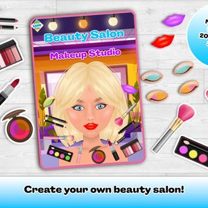 Könnte beinhalten: Eine farbenfrohe Illustration eines Beauty-Salon-Make-up-Studio-Sets. Das Bild enthält Make-up-Artikel wie Lippenstift, Lidschatten und Pinsel. Der Text lautet "Erstelle deinen eigenen Schönheitssalon!" und "Mega Set! Enthält 20 druckbare Blätter."