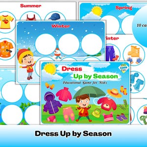 Puede incluir: Tarjetas de juego educativo para niños, tituladas "Dress Up by Season". Las tarjetas presentan ilustraciones de prendas de vestir y temas de temporada como verano, invierno y primavera. El texto "10 tarjetas (tamaño A4)" es visible.