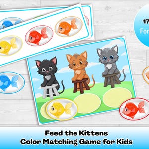 Puede incluir: Un juego de combinaci&oacute;n de colores para ni&ntilde;os con ilustraciones de gatitos y peces de colores. El juego incluye tarjetas con gatitos en taburetes y peces en marcos ovalados. Se muestra el texto "Feed the Kittens Color Matching Game for Kids".