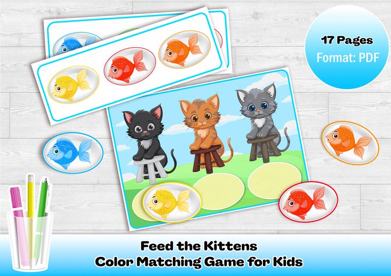 Puede incluir: Un juego de combinaci&oacute;n de colores para ni&ntilde;os con ilustraciones de gatitos y peces de colores. El juego incluye tarjetas con gatitos en taburetes y peces en marcos ovalados. Se muestra el texto "Feed the Kittens Color Matching Game for Kids".