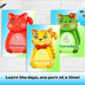 Flashcards dos dias da semana para crianças – 7 gatinhos coloridos – Aprenda os dias com cartões fofos de gatos