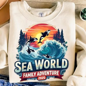 Sea World Family Adventure 2025 PNG, Orca Whale Sunset Sublimation, Ocean Wave Family Trip Shirt Design, Digital Summer Download