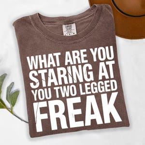 Puede incluir: Una camiseta marrón Comfort Colors con el texto blanco "WHAT ARE YOU STARING AT YOU TWO LEGGED FREAK". Un sombrero marrón es parcialmente visible en la esquina superior derecha.