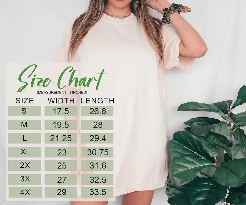 a woman wearing a white dress, standing next to a potted plant. There is a size chart displayed in front of her, providing measurements for different dress sizes.