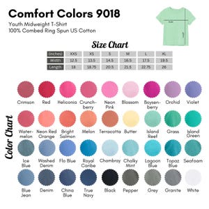 The image is a color chart for a youth midweight t-shirt, displaying a variety of colors and their corresponding measurements.