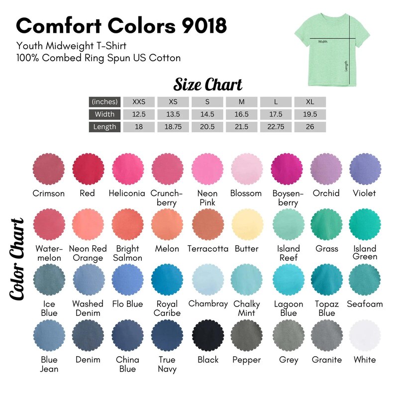 The image is a color chart for a youth midweight t-shirt, displaying a variety of colors and their corresponding measurements.