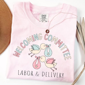 Op de afbeelding: Een lichtroze t-shirt met de woorden "WELCOMING COMMITTEE" en "LABOR & DELIVERY" in een kleurrijk lettertype. Het shirt heeft een afbeelding van twee ooievaars die baby's in bundels dragen. Een gouden ketting met een hanger ligt op het shirt.